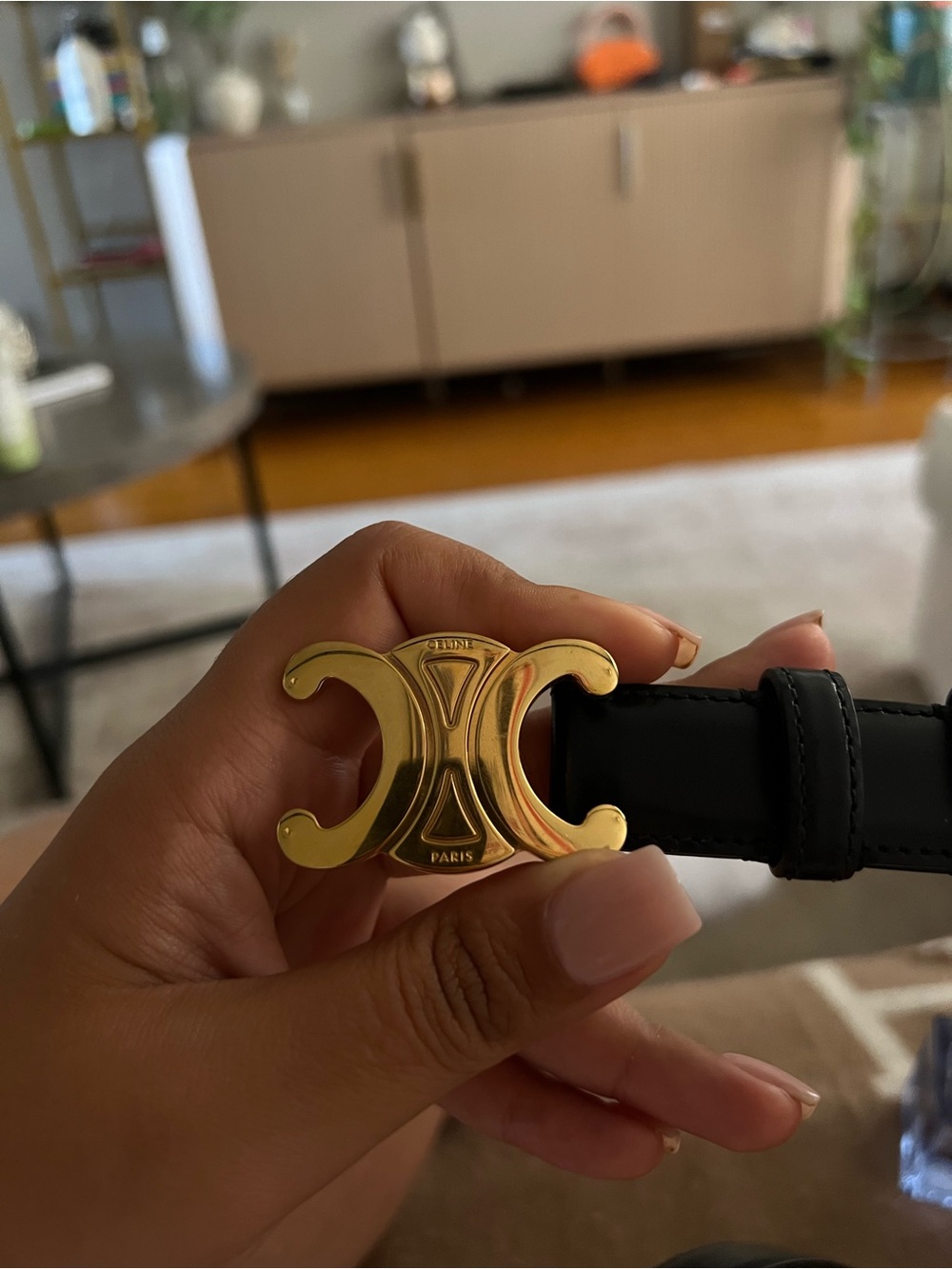 Celine Black Leather Belt with Gold Triomphe Buckle